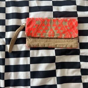 Linen Neon Orange and Tan Clutch